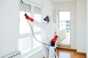 An exterminator sprays above a window while treating a home.