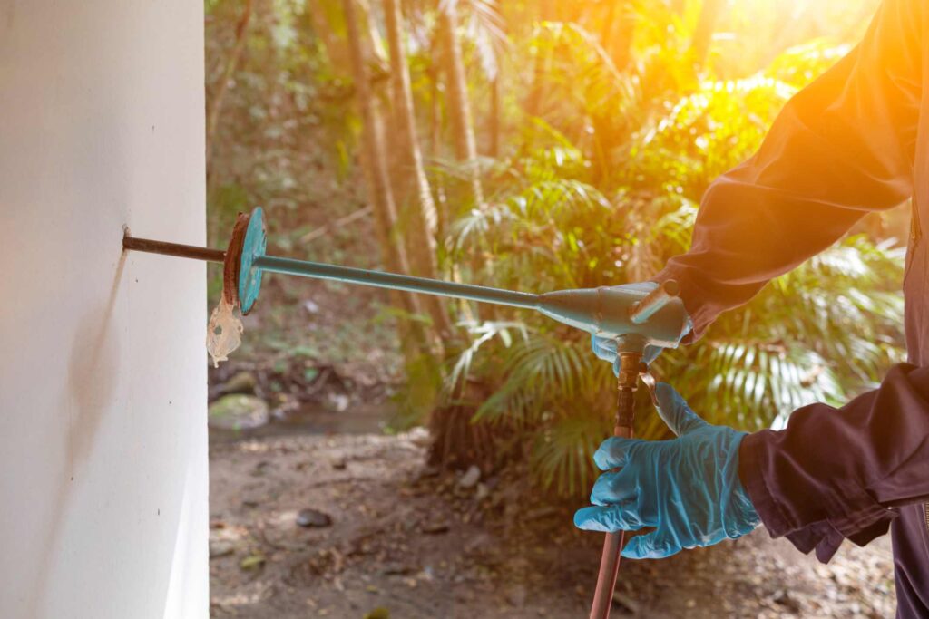 A termite control expert uses pesticide along a house’s exterior to shoo away termites.