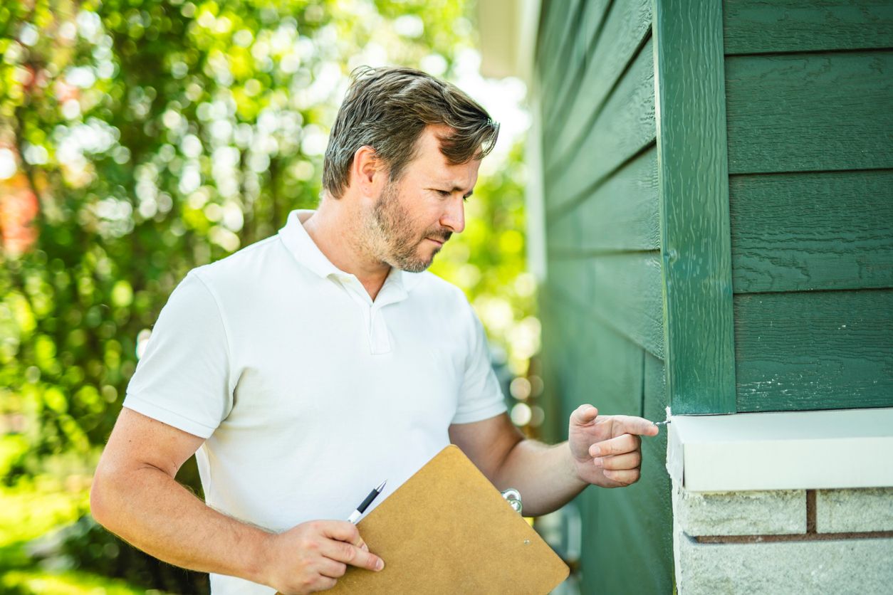 A man with a clipboard checks the outside of a house for pests.