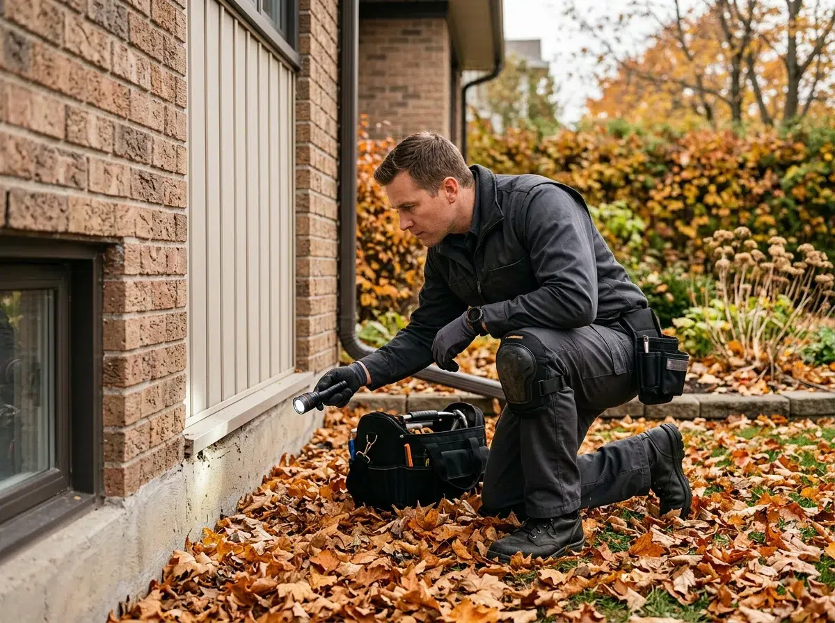 Pest control technician using a flashlight to inspect a home's foundation and siding for rodent entry points.
