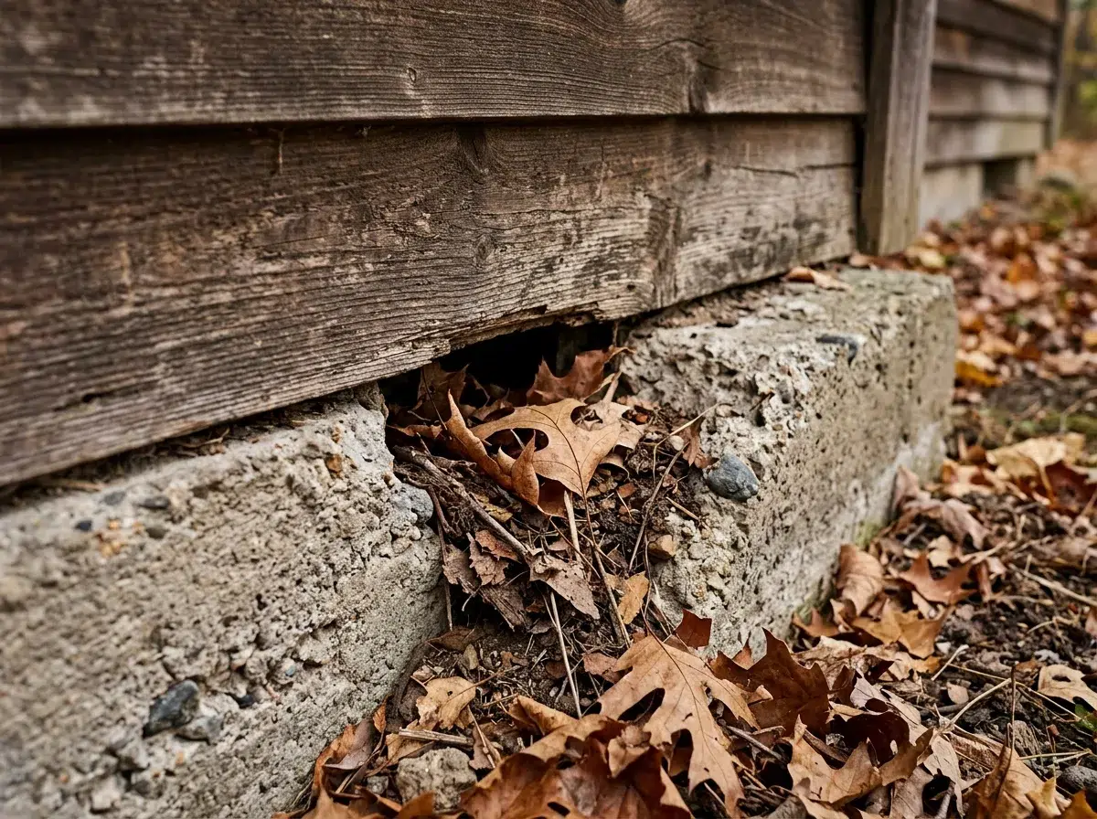 A gap in the foundation of a home used by rodents to get inside.