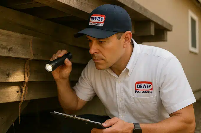 Dewey Pest Control inspector checking under a deck for signs of termites and wood-destroying pests