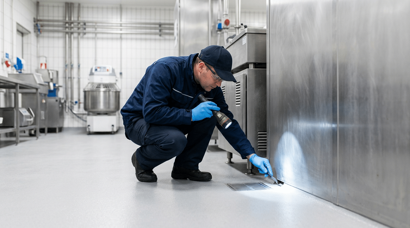 A pest control inspector examines industrial kitchen equipment.