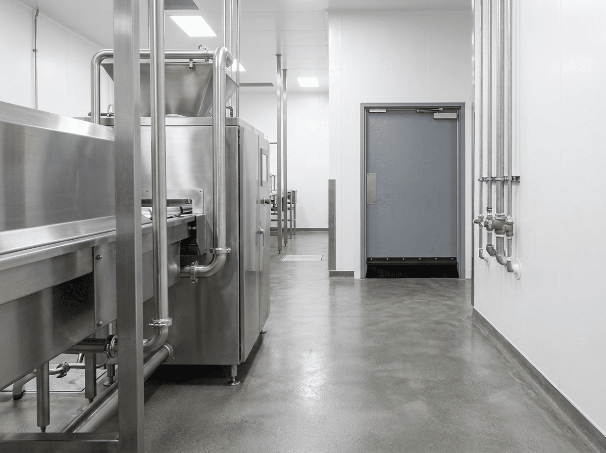 Clean food processing facility with stainless steel equipment, sealed concrete floors, and a door sweep on the exit door.